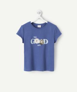 T-shirt fille en fibres recyclées bleu avec message et sequins - 6 A
