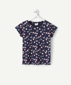 T-shirt fille en fibres recyclées bleu marine imprimé cerises - 14 A