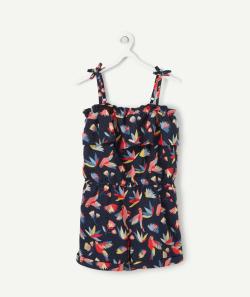 Combi-short fille en coton bleu marine imprimé oiseaux - 6 A