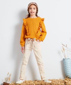 Pantalon skinny fille beige avec ceinture imprimé fleuri - 14 A - Soldes