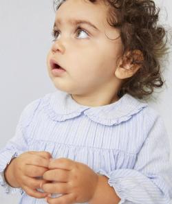 Blouse bleue avec liserés pailletés et col claudine bébé fille - 6 M