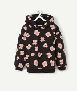 Sweat fille noir et fleuri en fibres recyclées avec une capuche - 14 A