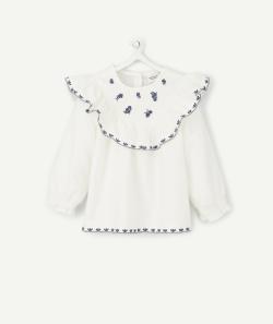 Blouse bébé fille blanche avec broderie bleue et volants - 18 M