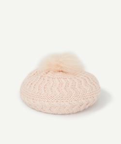 Bérêt bébé fille rose poudré en fibres recyclées avec pompon - 12-23M