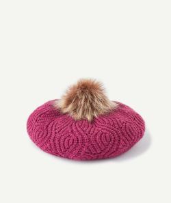Béret mauve pailleté avec pompon imitation fourrure fille - 2-4 A