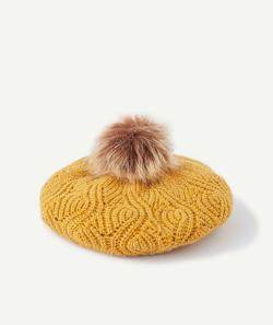 Béret jaune pailleté avec pompon imitation fourrure fille - 2-4 A