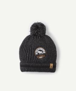 Bonnet noir en maille à pompon avec patch brodé alaska garçon - 2-4 A