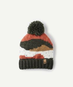 Bonnet en maille kaki avec pompon et empiècements colorés garçon - 6-8 A