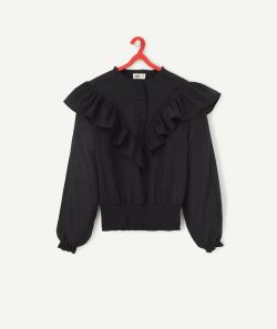 Blouse fille en coton noir avec volants et broderie anglaise - M