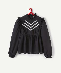 Blouse noire avec volants et détails en dentelle fille - XS