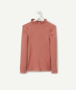 Pull fille rose à côtes avec col montant volanté - 8 A