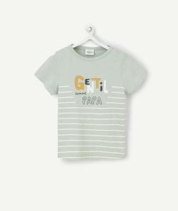 T-shirt bébé garçon en fibres recyclées rayé vert et blanc - 6 M