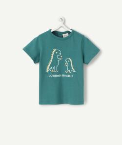 T-shirt bébé garçon en fibres recyclées vert foncé avec dinosaures - 1 M