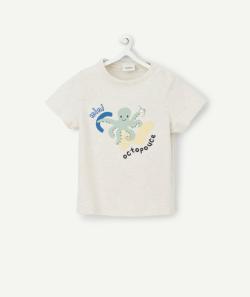 T-shirt bébé garçon en coton écru chiné avec pieuvre - 6 M