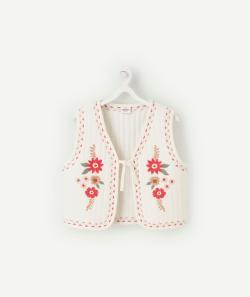 Gilet sans manches fille écru avec broderies roses - 14 A