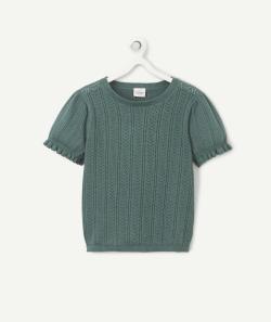 Pull manches courtes fille vert forêt en coton ajouré - 2 A