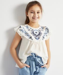 Blouse fille en viscose responsable blanche avec broderies bleues - 14 A