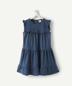Robe en maille fille en coton bleue avec volants et broderies - 5 A