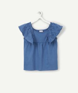 T-shirt fille bleu en coton bio avec broderie anglaise - 4 A