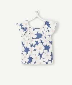T-shirt fille en coton bio avec imprimé fleuri bleu et blanc - 8 A