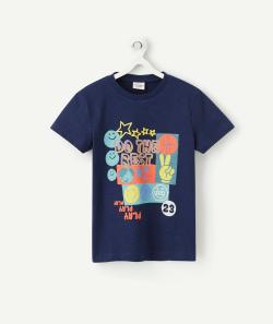 T-shirt garçon bleu marine en coton bio avec flocage coloré - 3 A