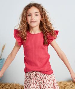 T-shirt à côtes fille en coton biologique rose avec broderies - 2 A