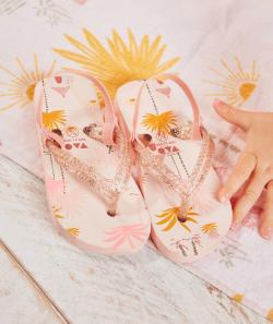 Tongs roses fille avec imprimés et double entre-doigts pailletés - 26-27