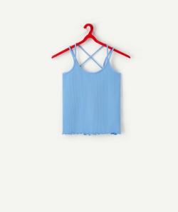 T-shirt à bretelles croisées fille bleu en coton bio - M
