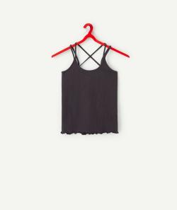 T-shirt à bretelles croisées fille noir en coton bio - XS