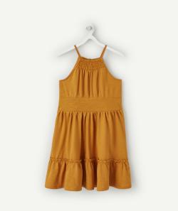 Robe à bretelles fille en coton biologique ocre avec volants - 2 A