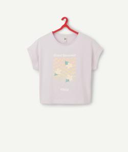 T-shirt fille en coton bio mauve avec fleurs et message - XS