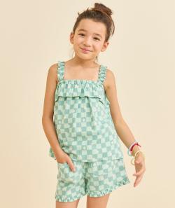 Short fille en coton et damier vert avec marguerites - 10 A