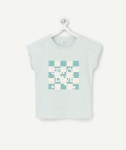 T-shirt fille en coton bio vert menthe avec motif damier et fleur - 5 A