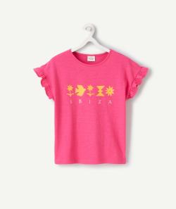 T-shirt fille rose ibiza en coton bio avec imprimé jaune - 10 A