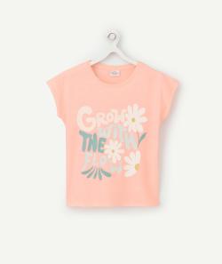 T-shirt fille en coton bio rose néon avec message et fleurs - 12 A