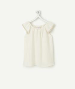 T-shirt fille en coton écru et côtelé à col bardot - 8 A