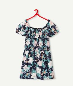 Robe fille en viscose responsable bleu marine et imprimé tropical - XXS