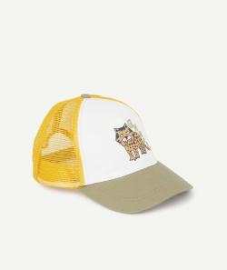 Casquette garçon en coton kaki blanche et ocre avec tigre - 12-14 A