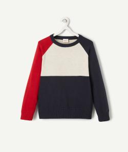Pull tricot garçon en coton colorblock rouge gris et bleu - 10 A