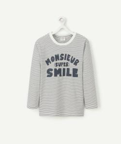 T-shirt garçon en coton bio rayé avec message smile - 8 A