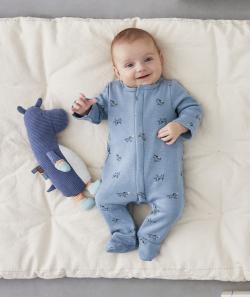 Dors bien zippé en fibres recyclées bleu imprimé chiens - 12 M