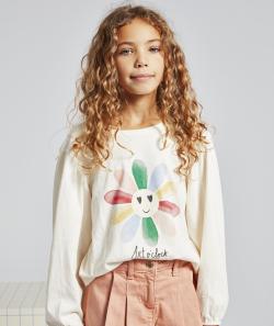 T-shirt fille coton bio écru avec fleur multicolore - 8 A