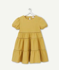 Robe à manches courtes fille en coton jaune avec volants - 14 A