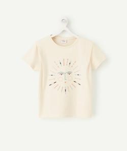 T-shirt fille en coton bio écru avec soleil et visages brodés - 12 A