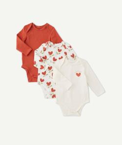Lot de 3 bodies en coton bio rouille et blanc avec coeurs - 12 M