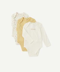 Lot de 3 bodies en coton bio jaune et blanc avec fleurs - 12 M