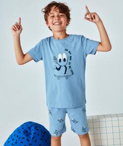 Pyjama garçon en coton bio bleu au motif smiley et skate - 14 A