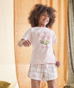 Pyjama fille en coton biologique rose et à carreaux - 10 A