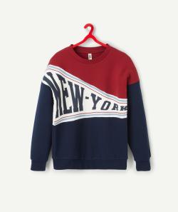 Sweat fille en fibres recyclées bleu et rouge avec message new york - S