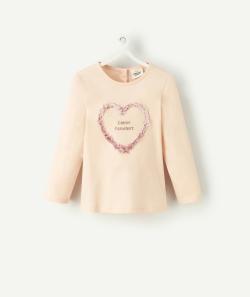 T-shirt bébé fille en coton bio rose pâle avec coeur en relief - 36 M